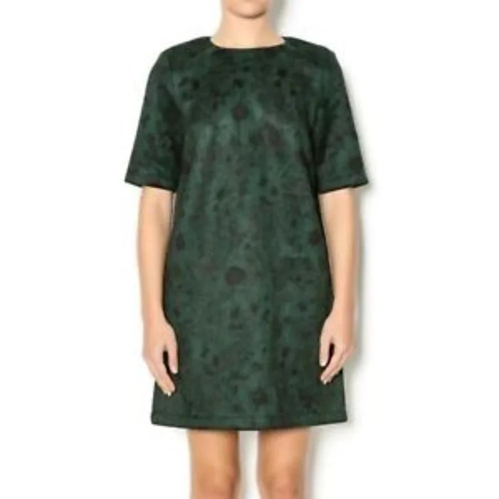 FRNCH Forest Green Faux Suede Mini Short Sleeve Dress Size M